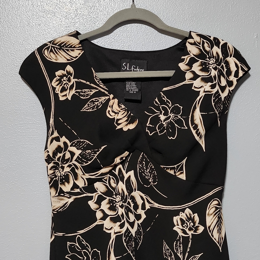 SL FASHIONS Dress Womens 10 Black Beige Floral Midi Career Elegant Formal Party - Picture 4 of 7